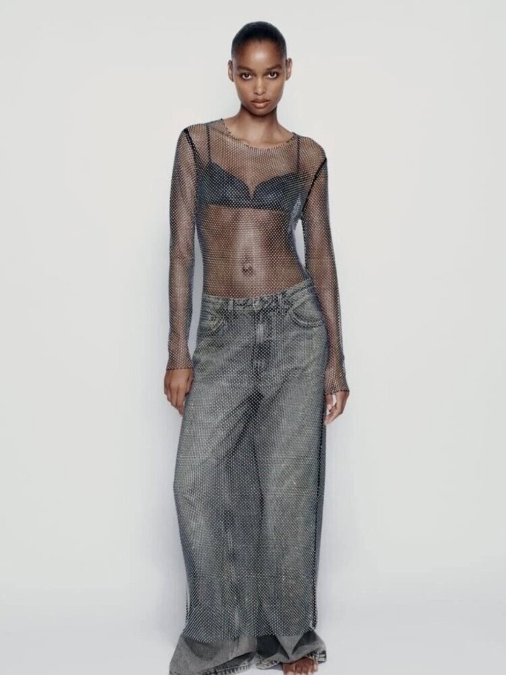Zara Black Sheer Mesh Long-Sleeve Top